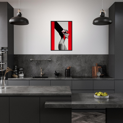 Modern kitchen with dark cabinetry and a striking red and black artwork on the wall.