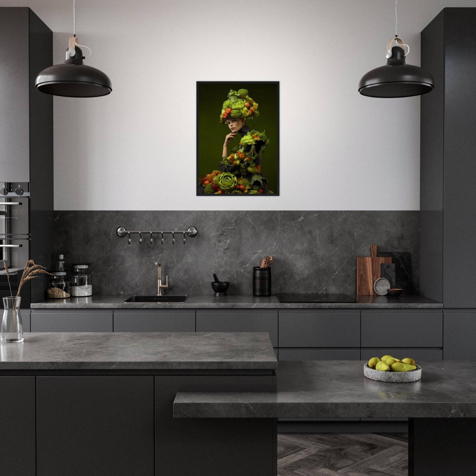 Modern, sleek kitchen with dark cabinetry and a vibrant green artwork on the wall.