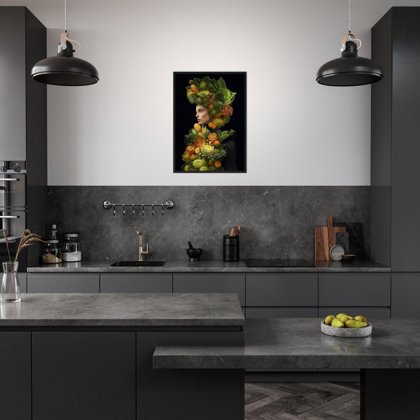 Modern kitchen with dark cabinetry and a vibrant fruit-themed artwork on the wall.