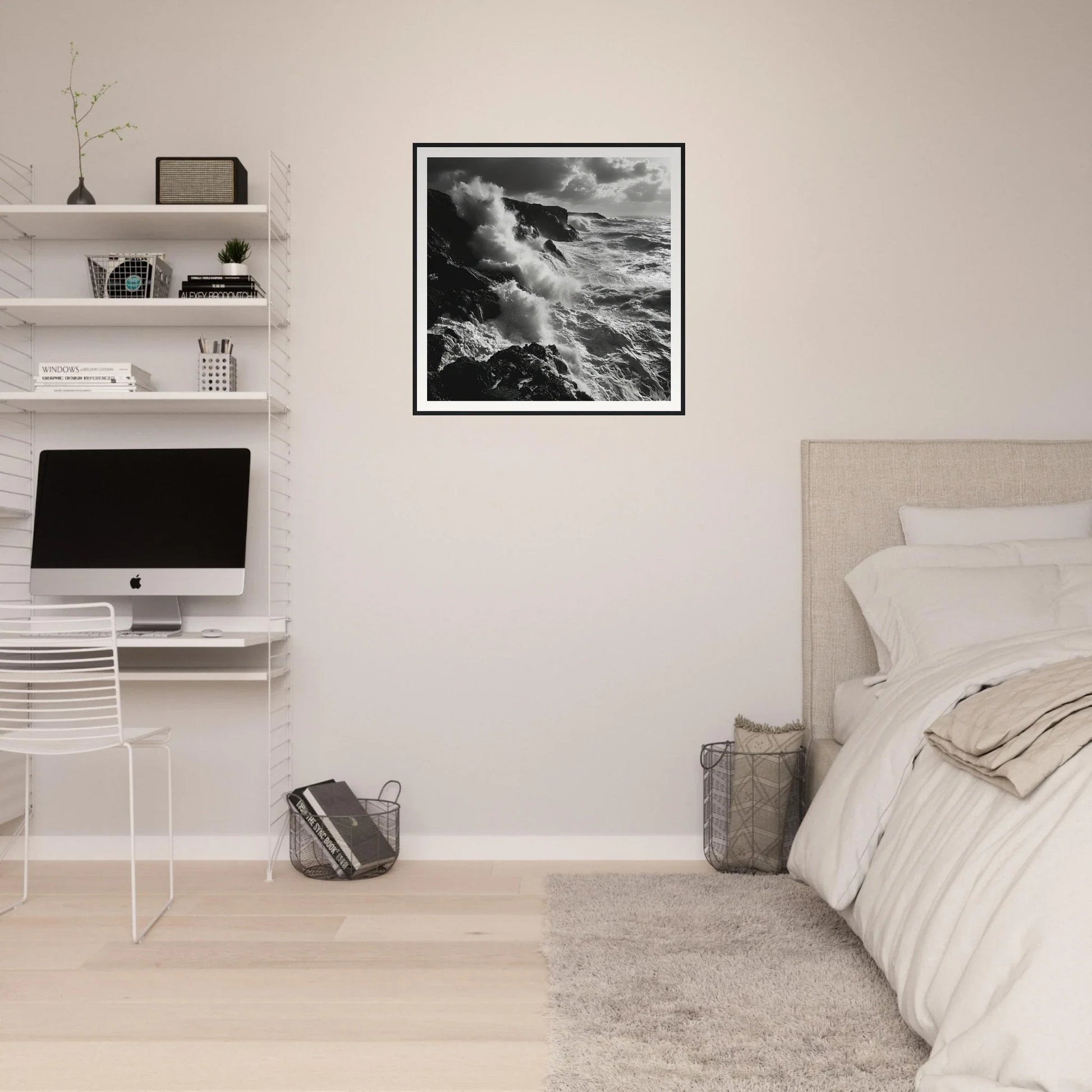 Minimalist bedroom workspace featuring Craggy Surf Duel art and floating shelves