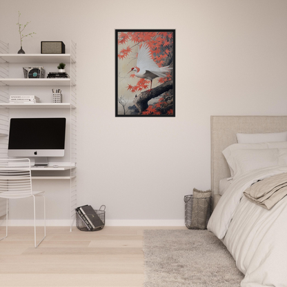 Framed Crimson Crane Reverie artwork of a bird on a branch in red foliage for room decor