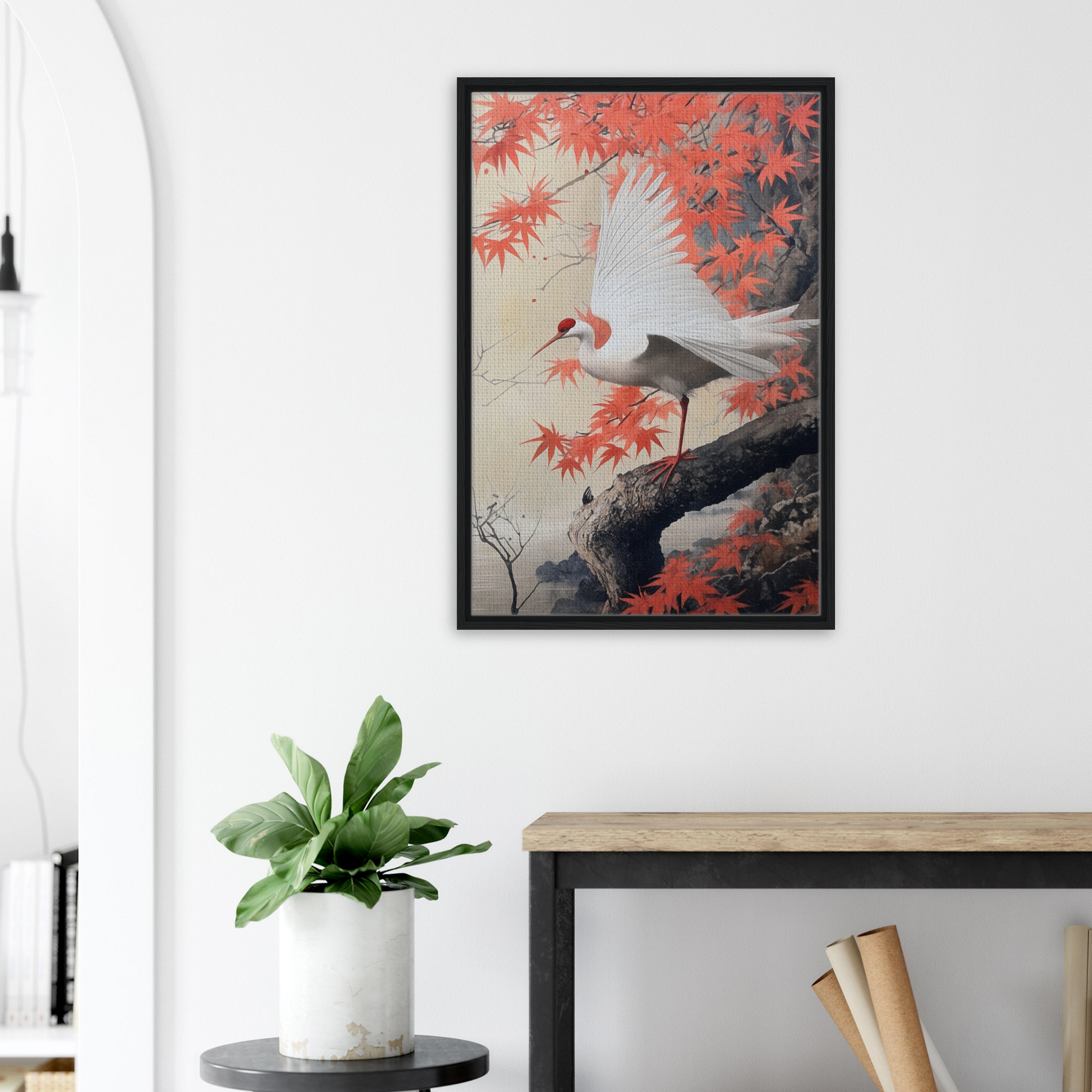 Framed canvas print of a crane bird with red maple leaves in Crimson Crane Reverie