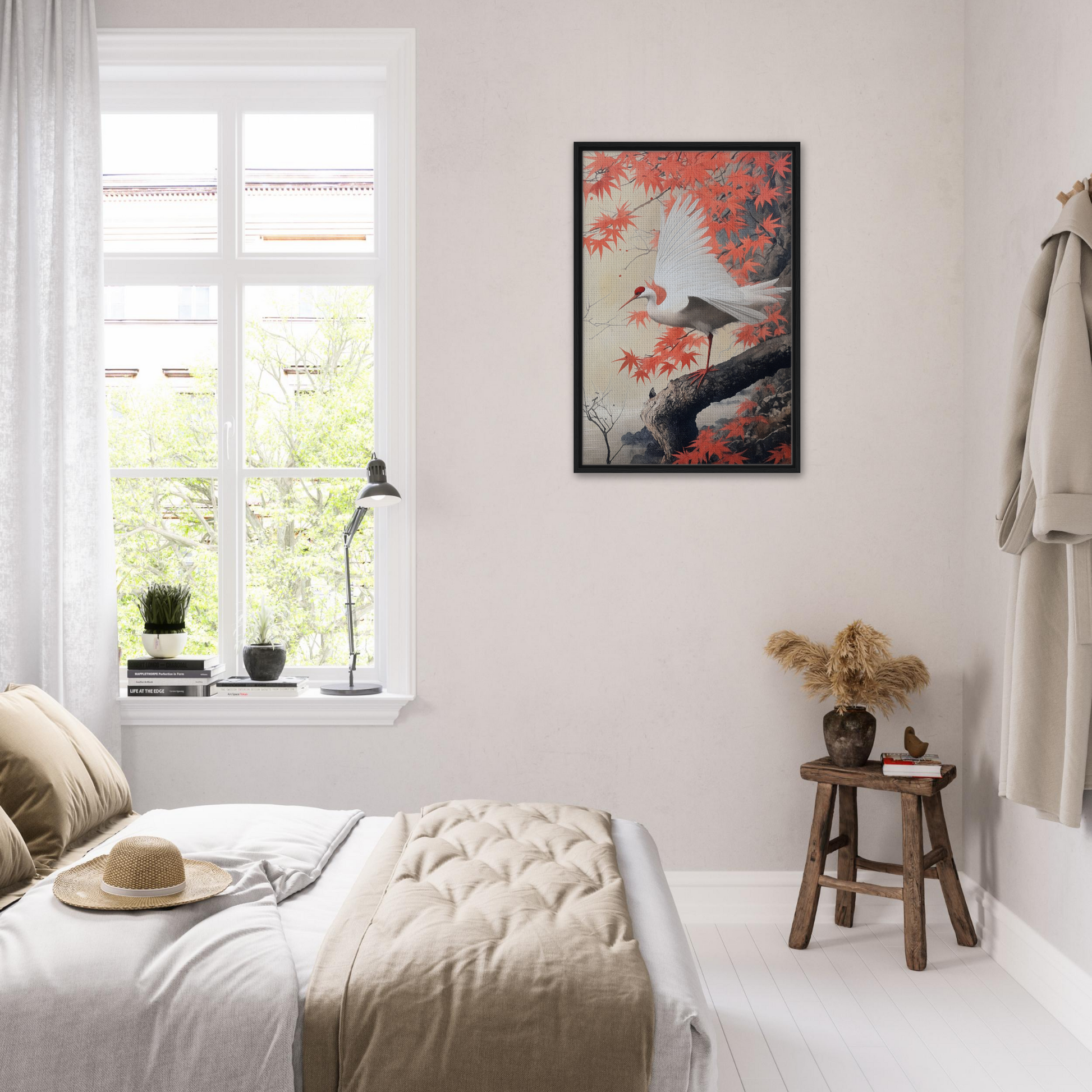 Serene bedroom featuring Crimson Crane Reverie with minimalist decor and nature artwork