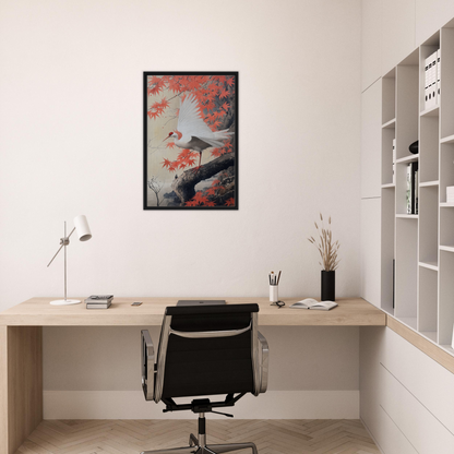 Minimalist home office featuring Crimson Crane Reverie framed canvas print on wall