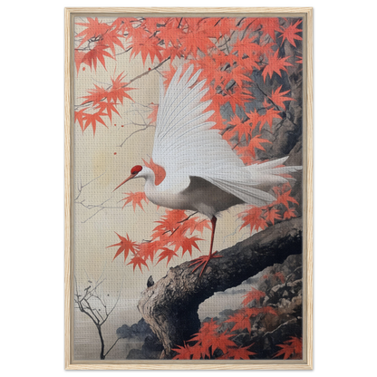 White crane with wings spread on tree branch among red maple leaves in Crimson Crane Reverie