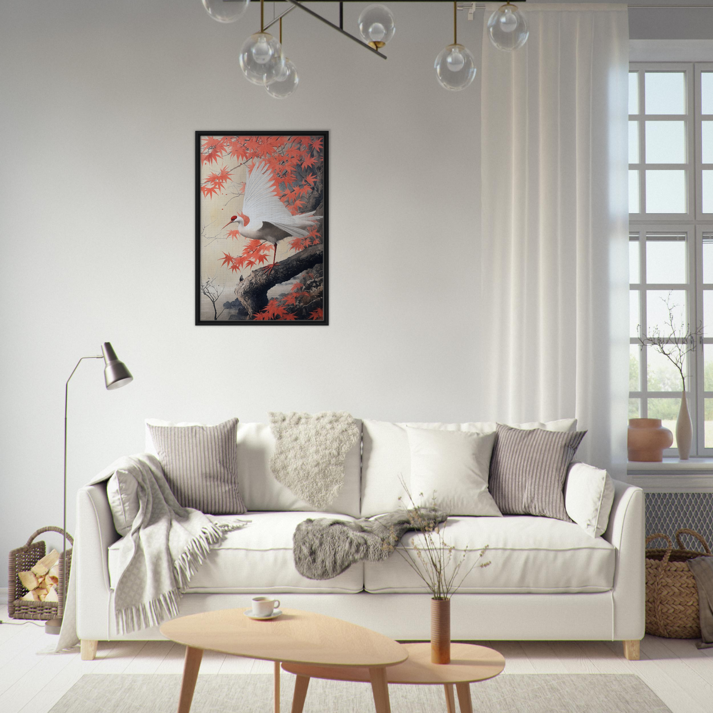 White sofa adorned with pillows and blankets, featured in Crimson Crane Reverie