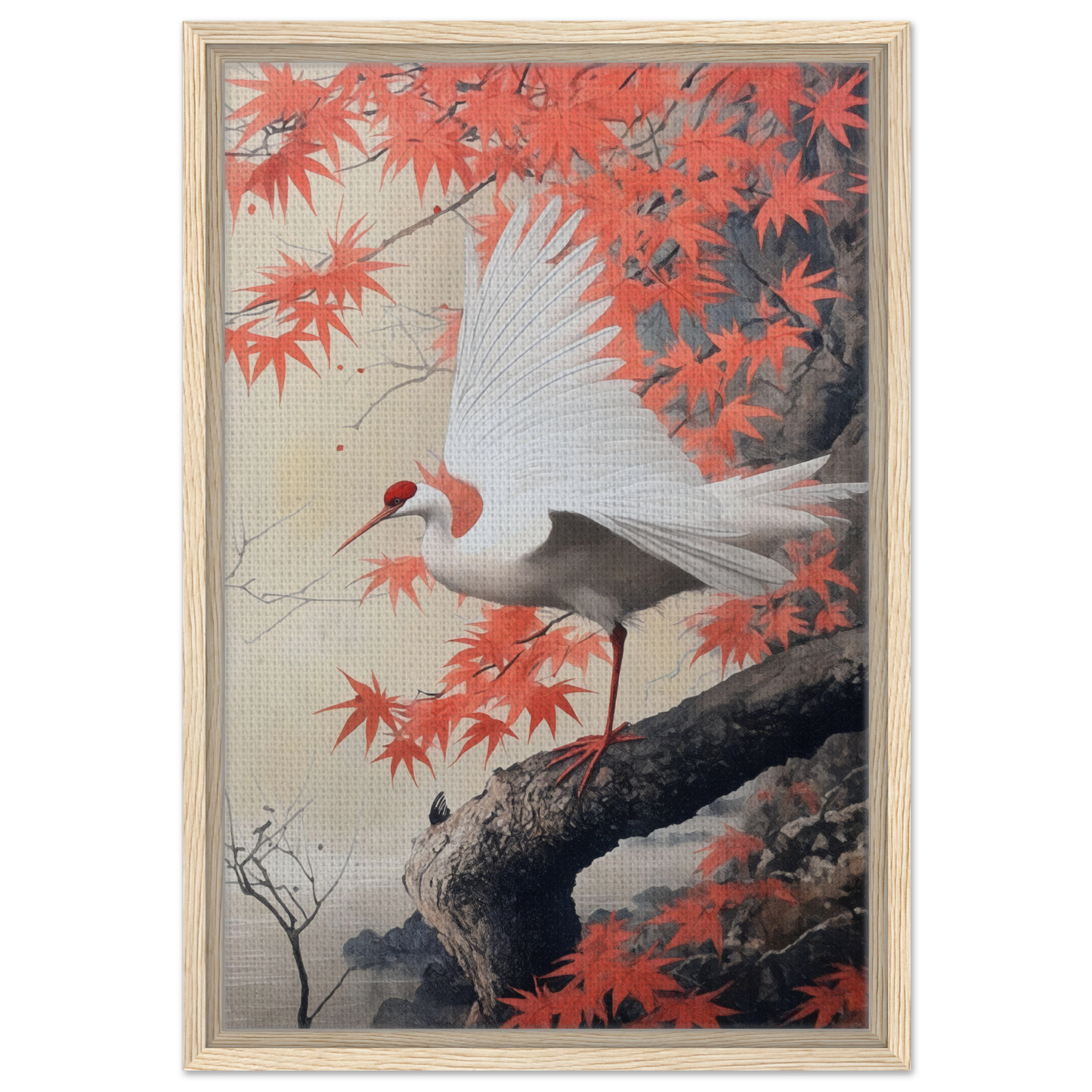 White crane on a tree branch among red maple leaves in Crimson Crane Reverie framed canvas print