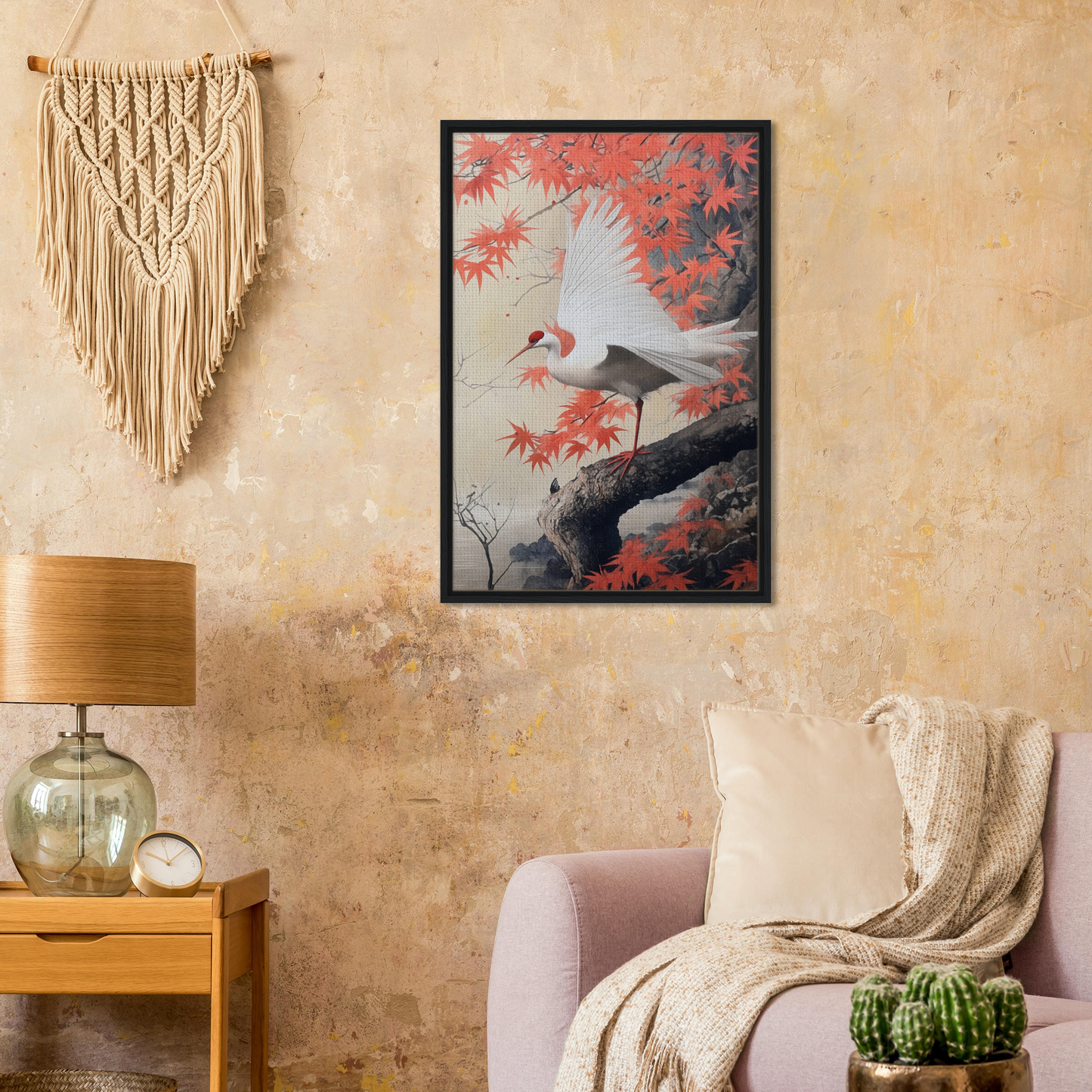 Framed canvas print of a bird on a branch with red maple leaves in Crimson Crane Reverie