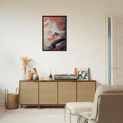 Wooden sideboard with cane-webbed doors and decor, featured in Crimson Crane Reverie