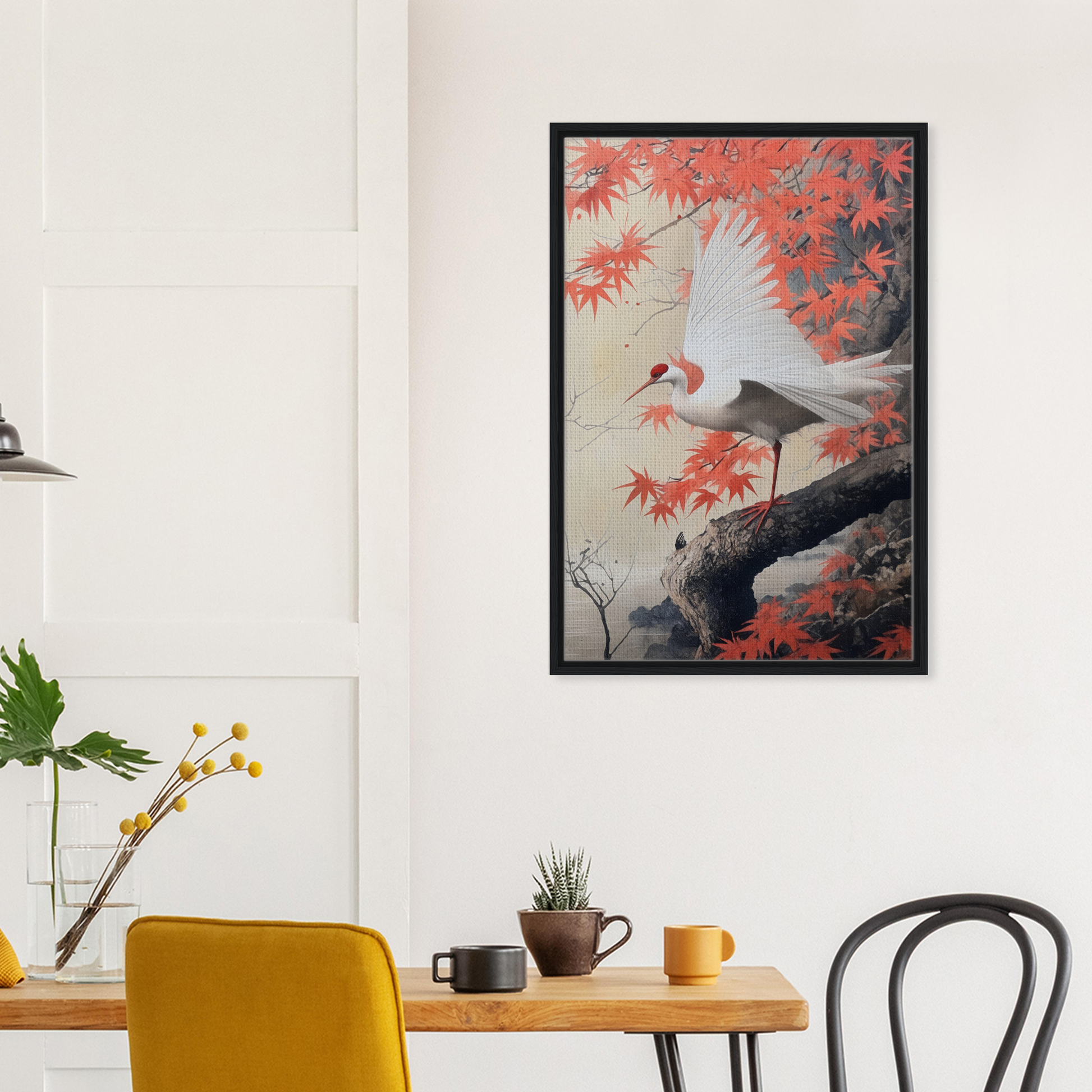 Framed canvas print of a white crane among red maple leaves in Crimson Crane Reverie