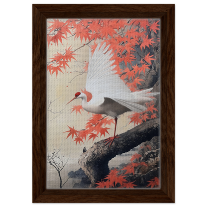 White crane on tree branch with red maple leaves in Crimson Crane Reverie room decor