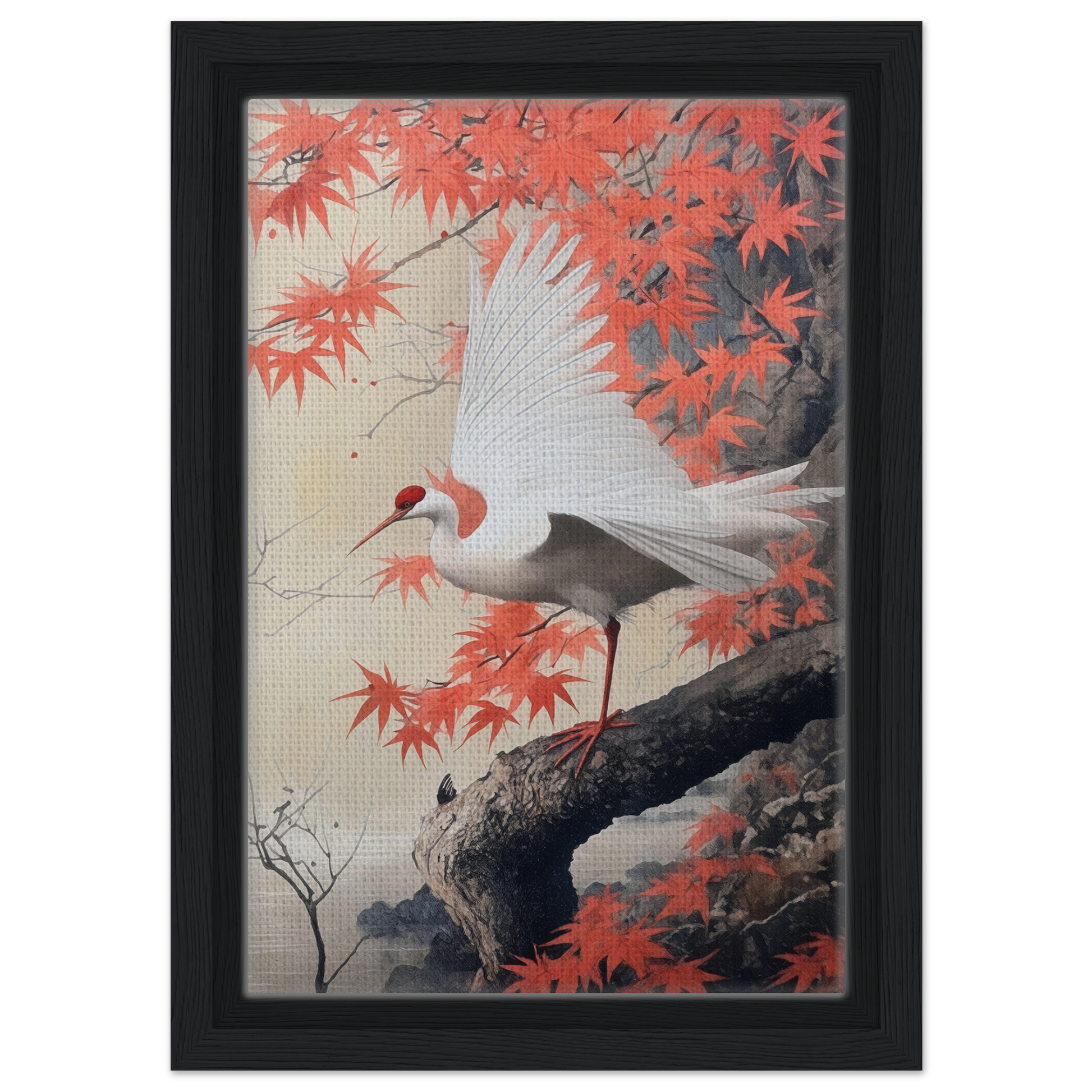 White crane on branch amid red maple leaves for Crimson Crane Reverie room decor