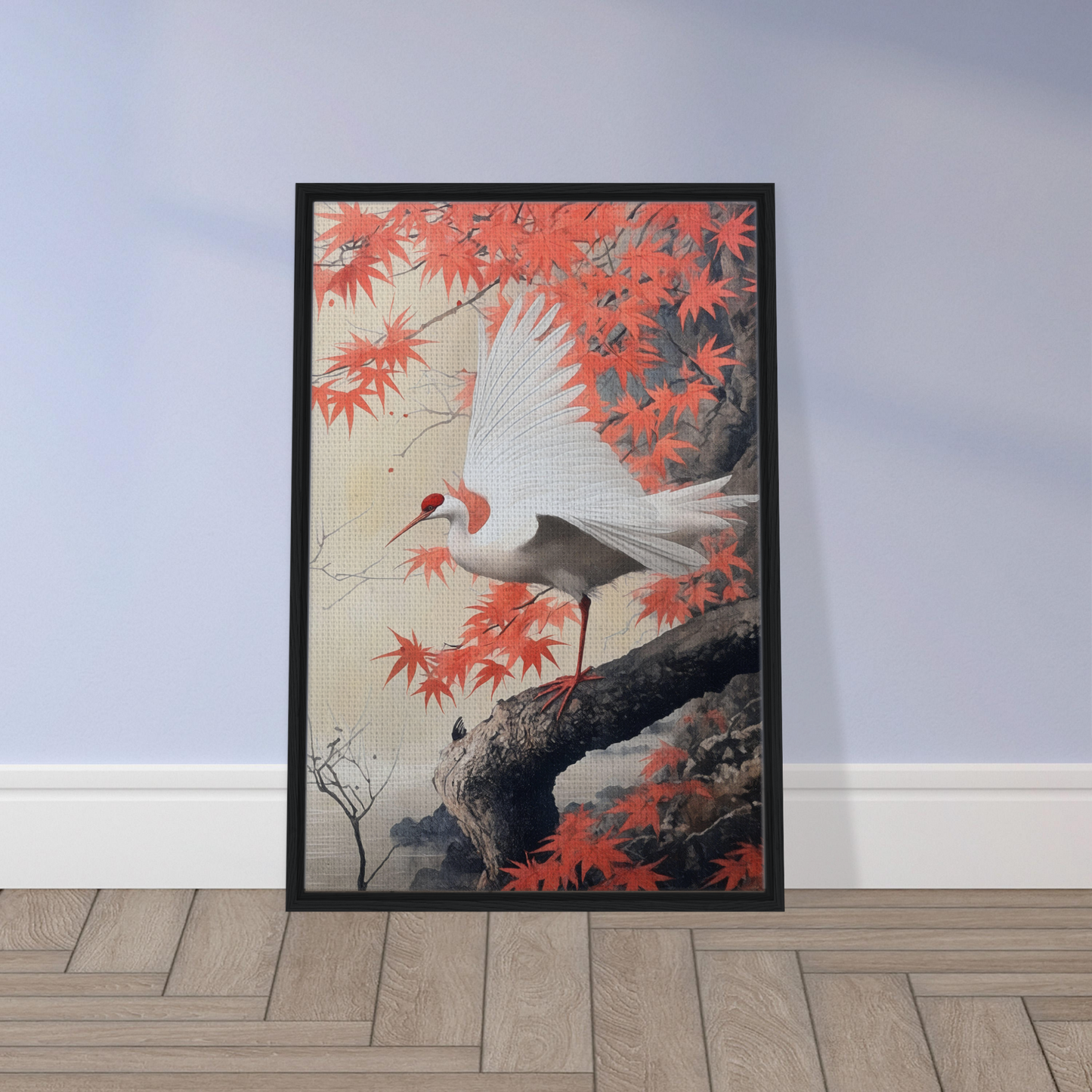 Framed artwork of a white crane among red maple leaves for room decor, Crimson Crane Reverie