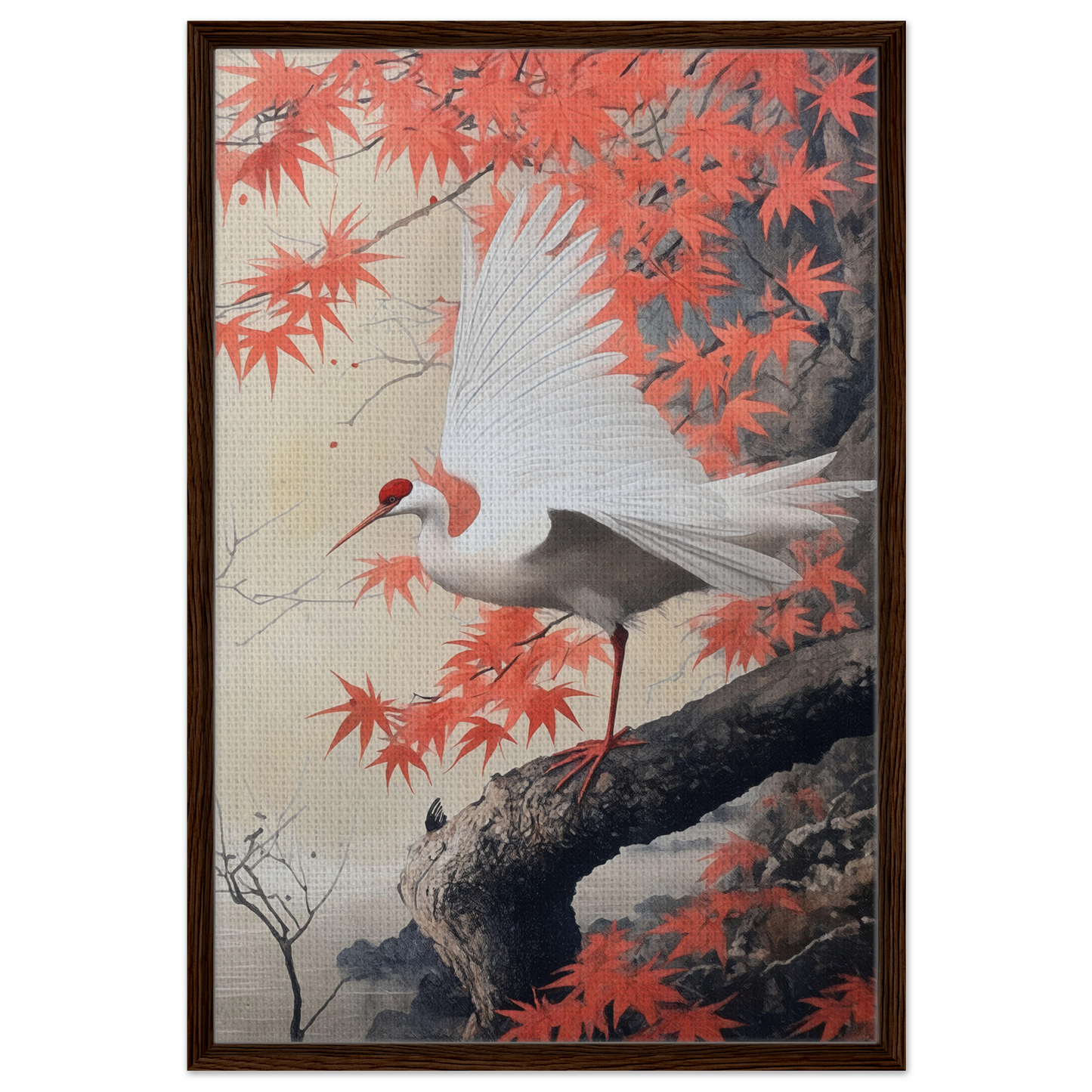 White crane with wings spread perched on tree branch amidst red maple leaves, Crimson Crane Reverie