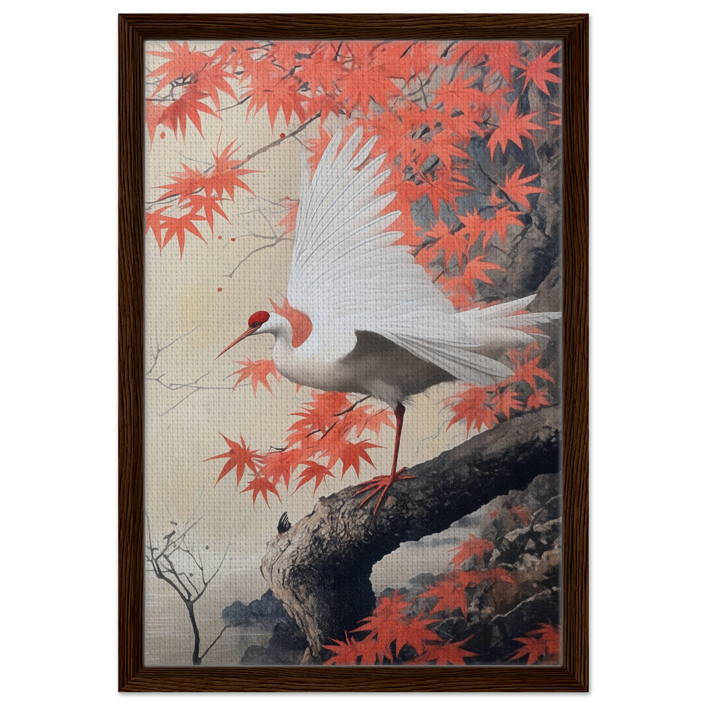 White crane perched on a branch among red maple leaves in Crimson Crane Reverie