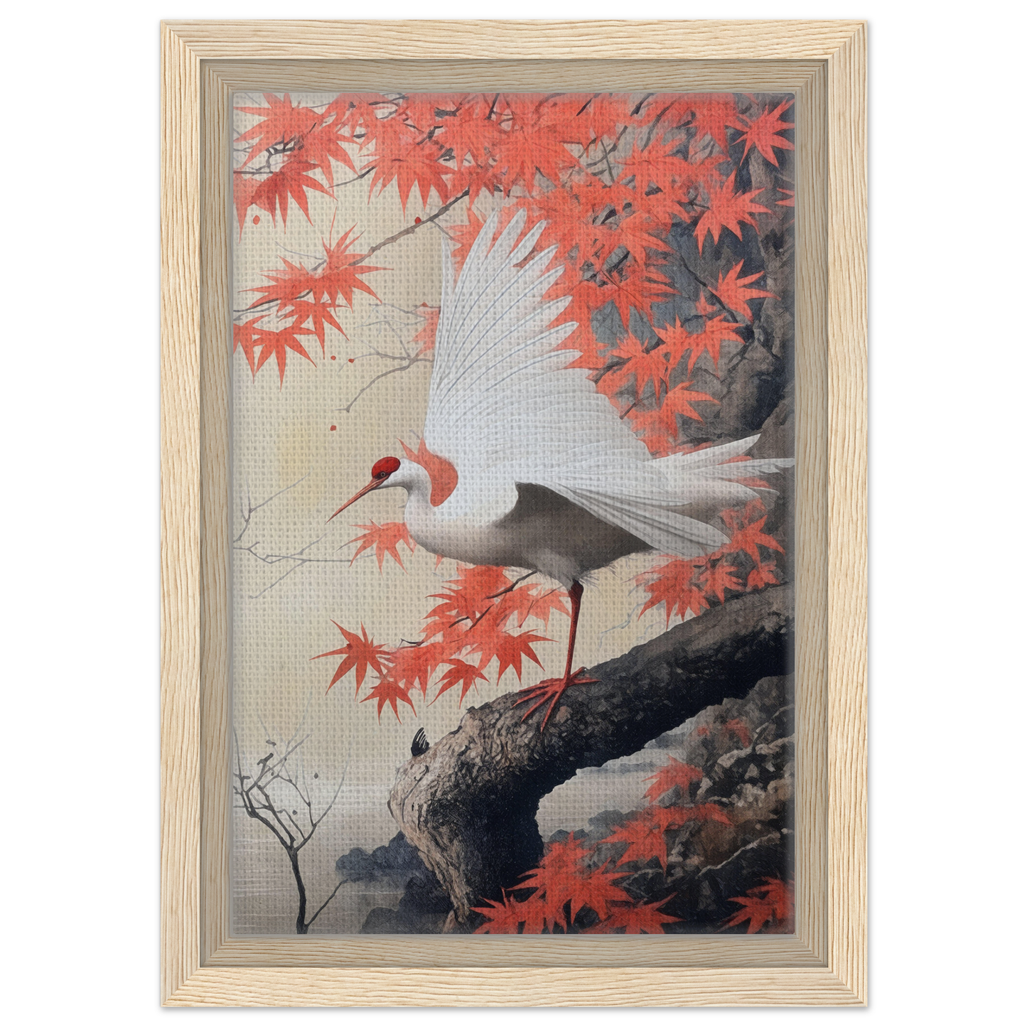 White crane on branch with red maple leaves in Crimson Crane Reverie framed canvas print