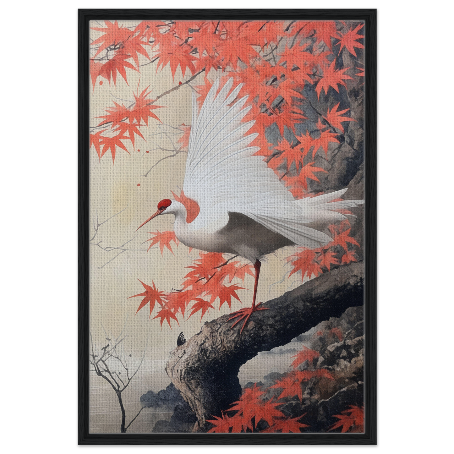 White crane with wings spread, perched on branch among red maple leaves in Crimson Crane Reverie