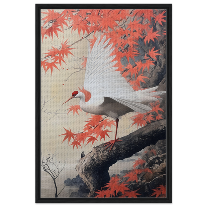 White crane with wings spread, perched on branch among red maple leaves in Crimson Crane Reverie