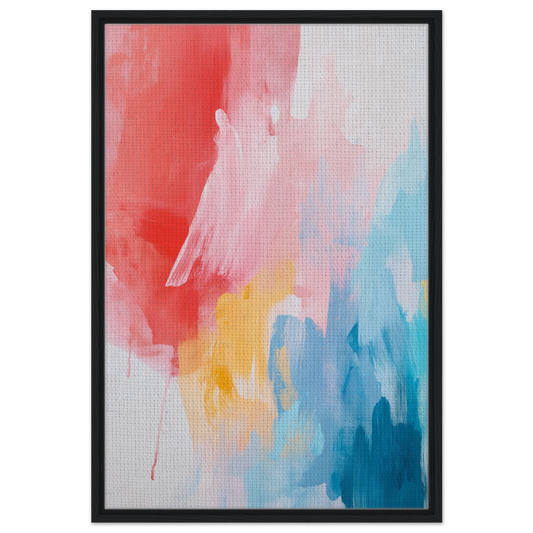 Abstract painting featuring vibrant red, pink, yellow, and blue in Crimson Fusion Medley