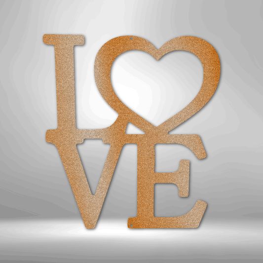 Golden ’LOVE’ text with the ’O’ shaped as a heart.