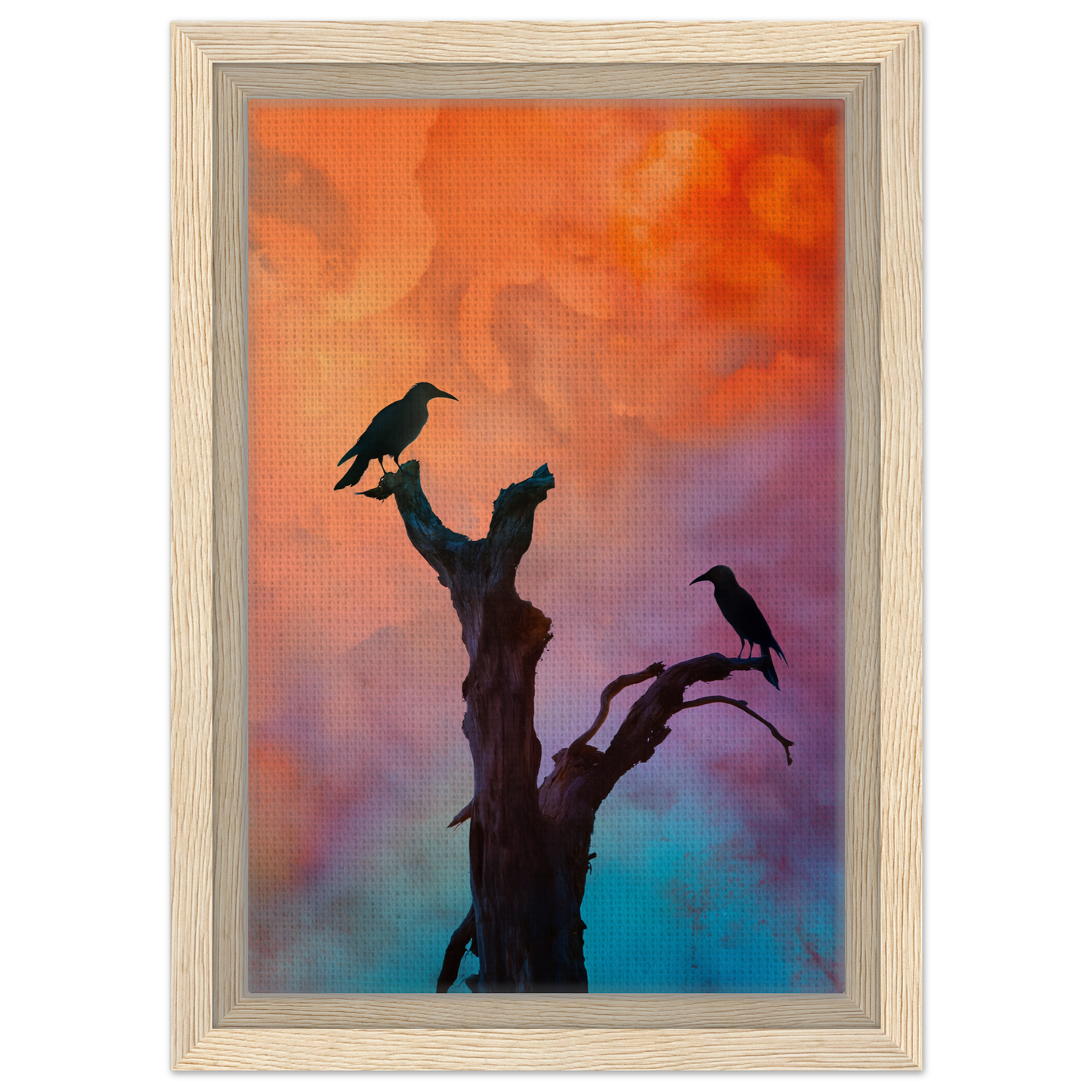 Framed canvas print of crows’ chromatic psalms silhouettes against a colorful sky