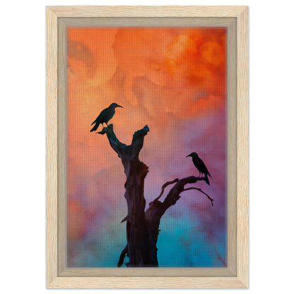 Framed canvas print of crows’ chromatic psalms silhouettes against a colorful sky