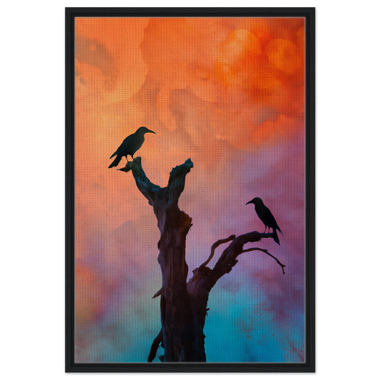 Silhouette of a bare tree branch with birds against a colorful sky for Crows’ Chromatic Psalms