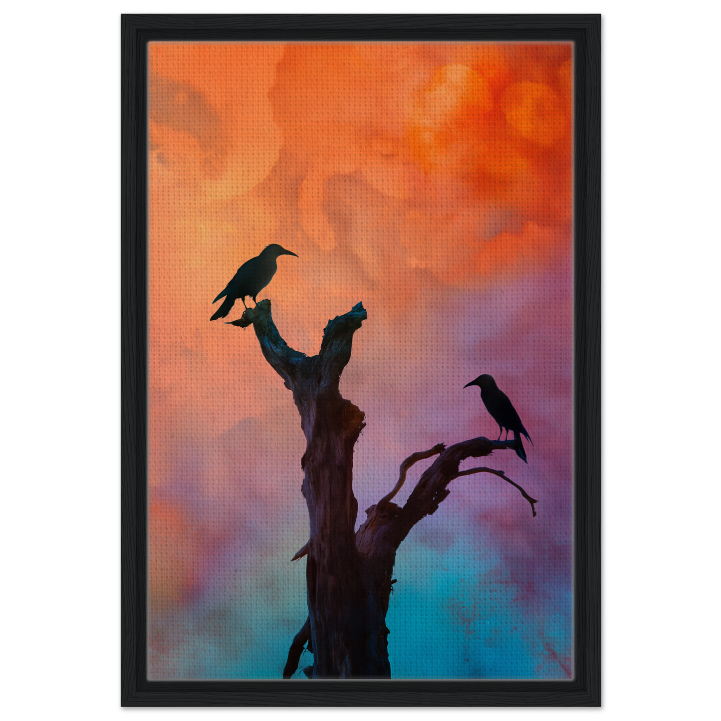 Silhouette of a bare tree branch with birds against a colorful sky for Crows’ Chromatic Psalms