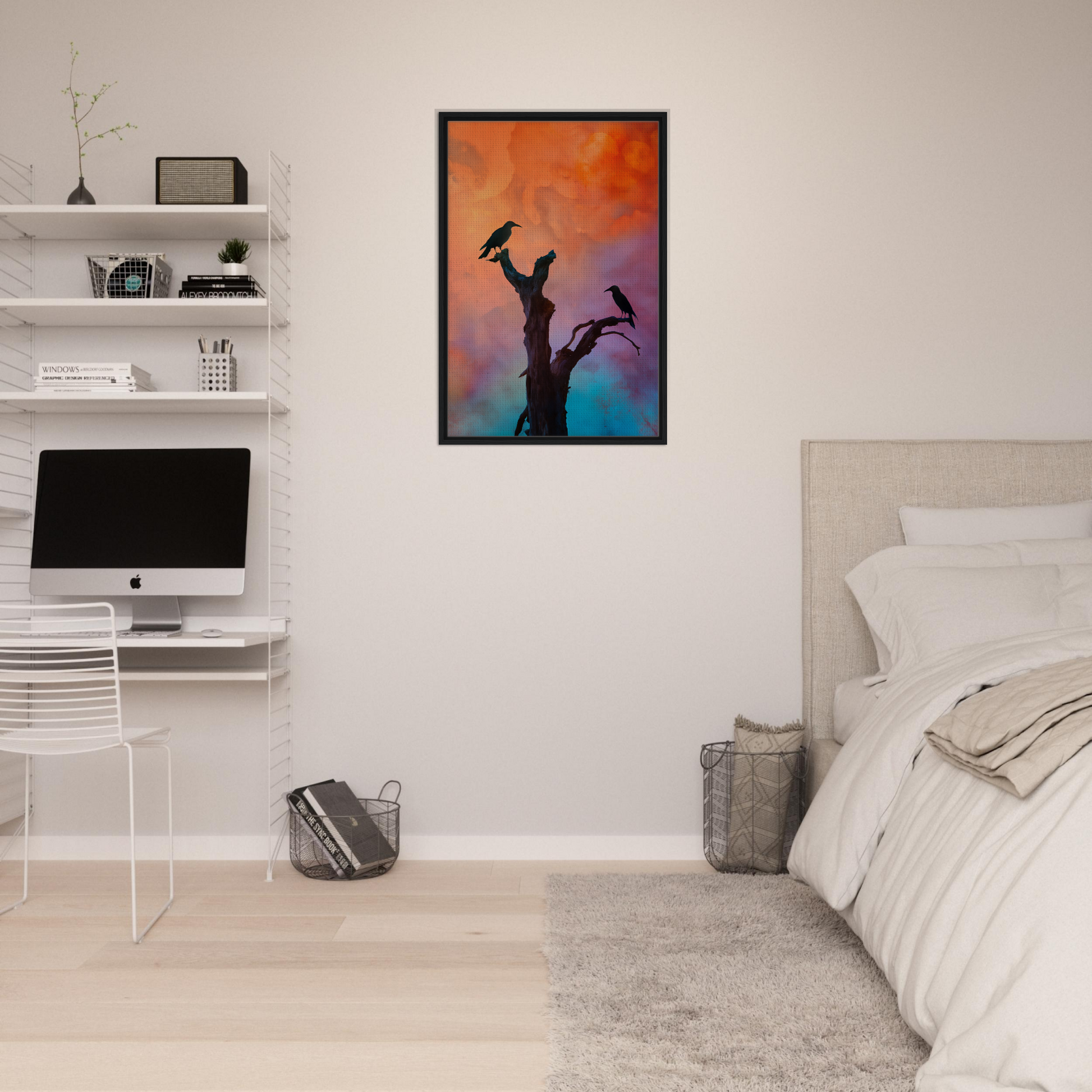 Framed canvas print of crows’ chromatic psalms with birds on a silhouetted tree