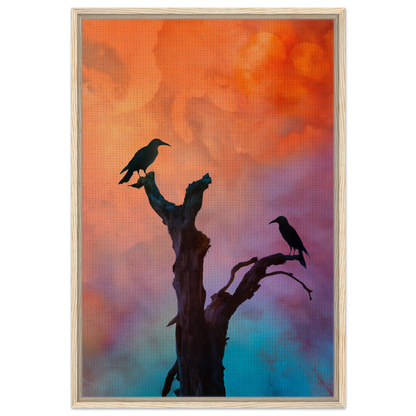 Silhouette of a bare tree with birds against a colorful sky in Crows’ Chromatic Psalms framed canvas print