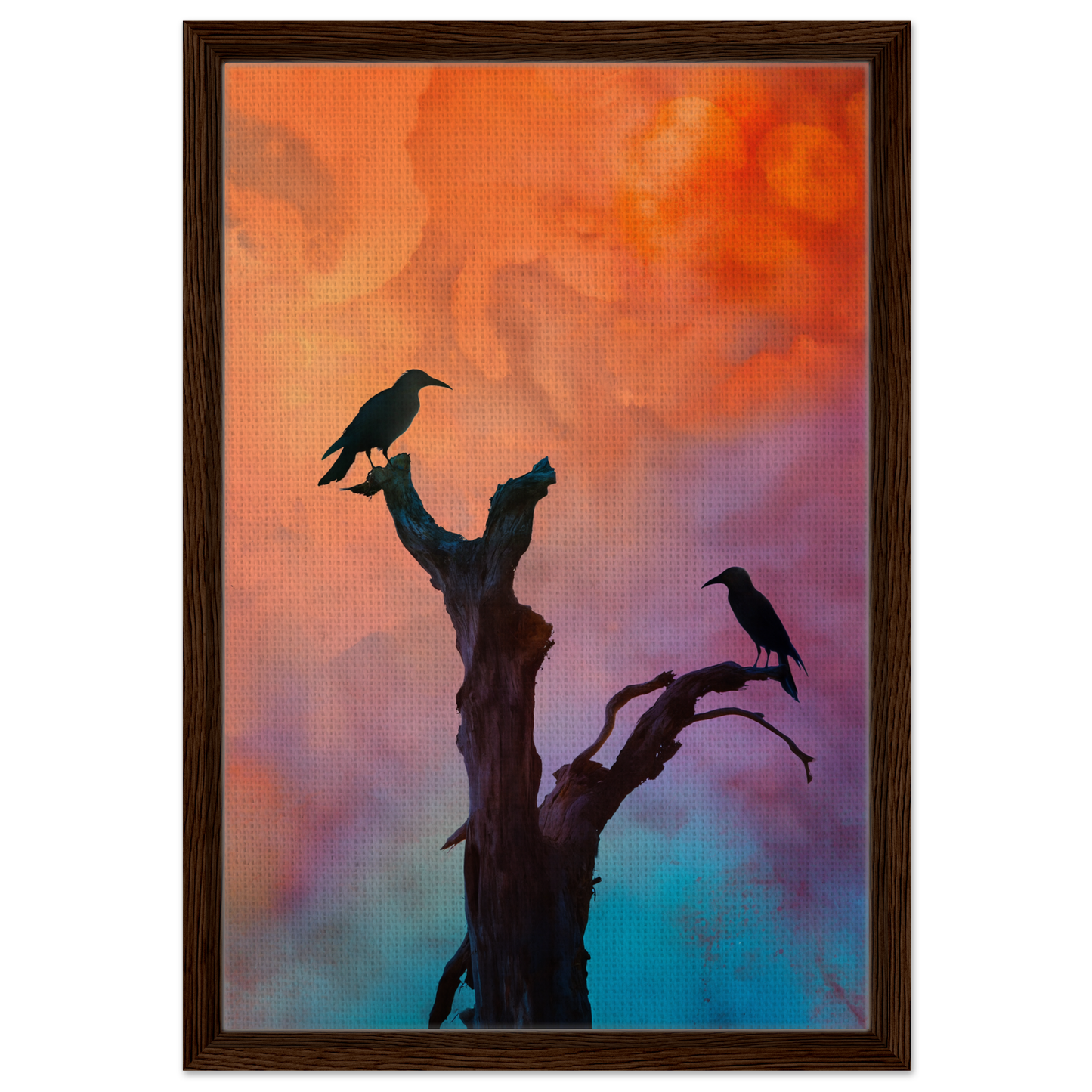 Silhouette of a bare tree branch with birds against a colorful sky for Crows’ Chromatic Psalms room decor