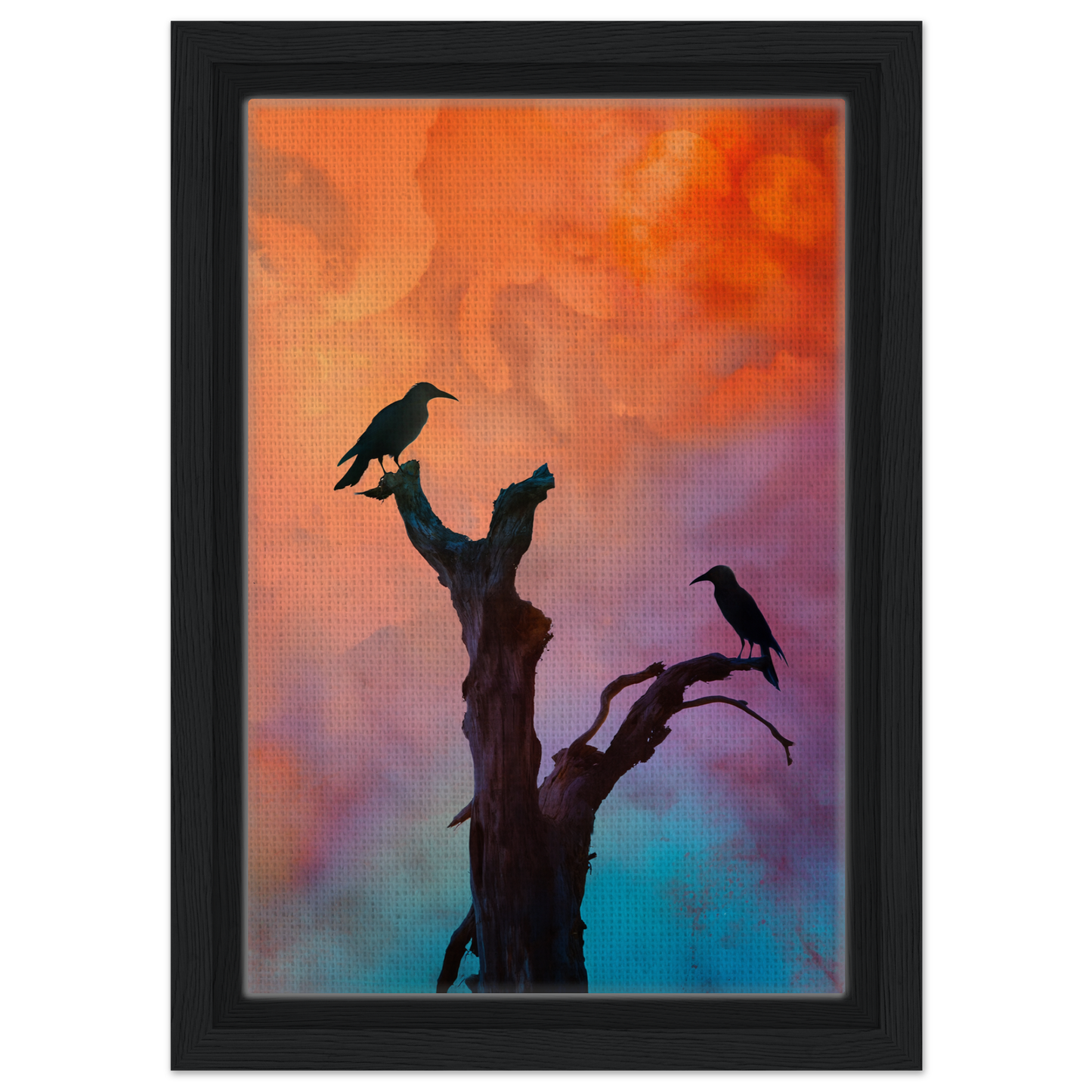 Silhouette of a bare tree branch with birds against a vibrant sky for Crows’ Chromatic Psalms