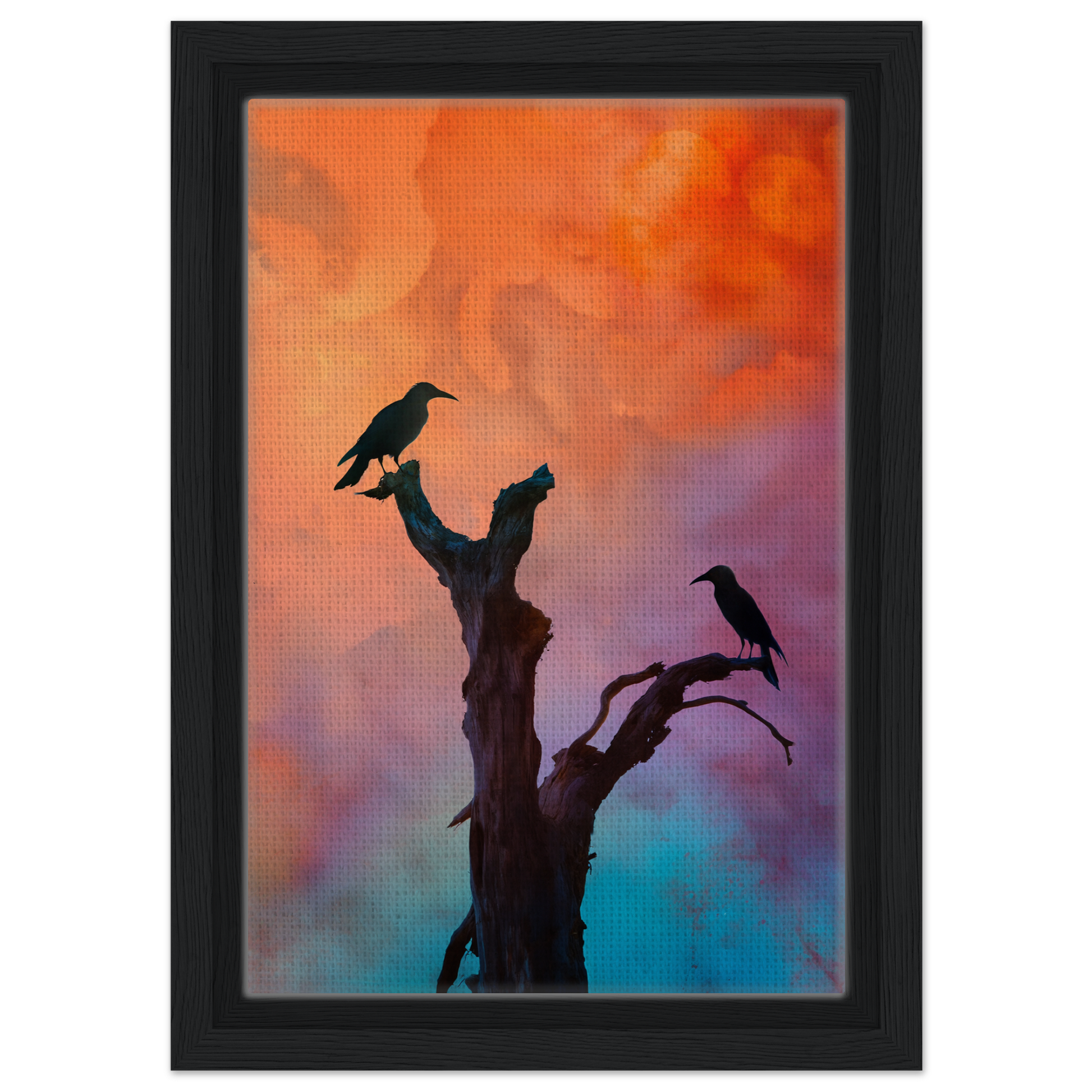 Silhouette of a bare tree branch with birds against a vibrant sky for Crows’ Chromatic Psalms