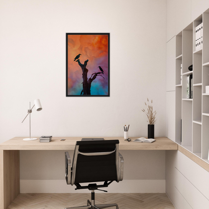 Framed artwork of tree silhouette and colorful sky for Crows Chromatic Psalms room decor