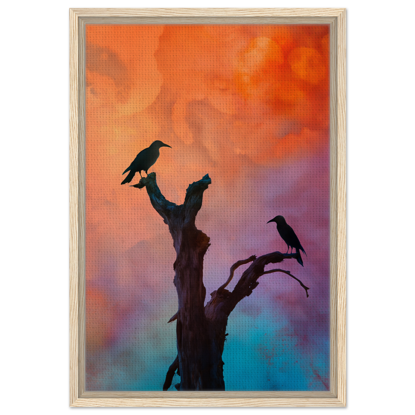 Silhouette of a bare tree branch with two birds for Crows’ Chromatic Psalms framed canvas print