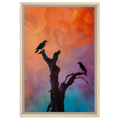 Silhouette of a bare tree branch with two birds for Crows’ Chromatic Psalms framed canvas print