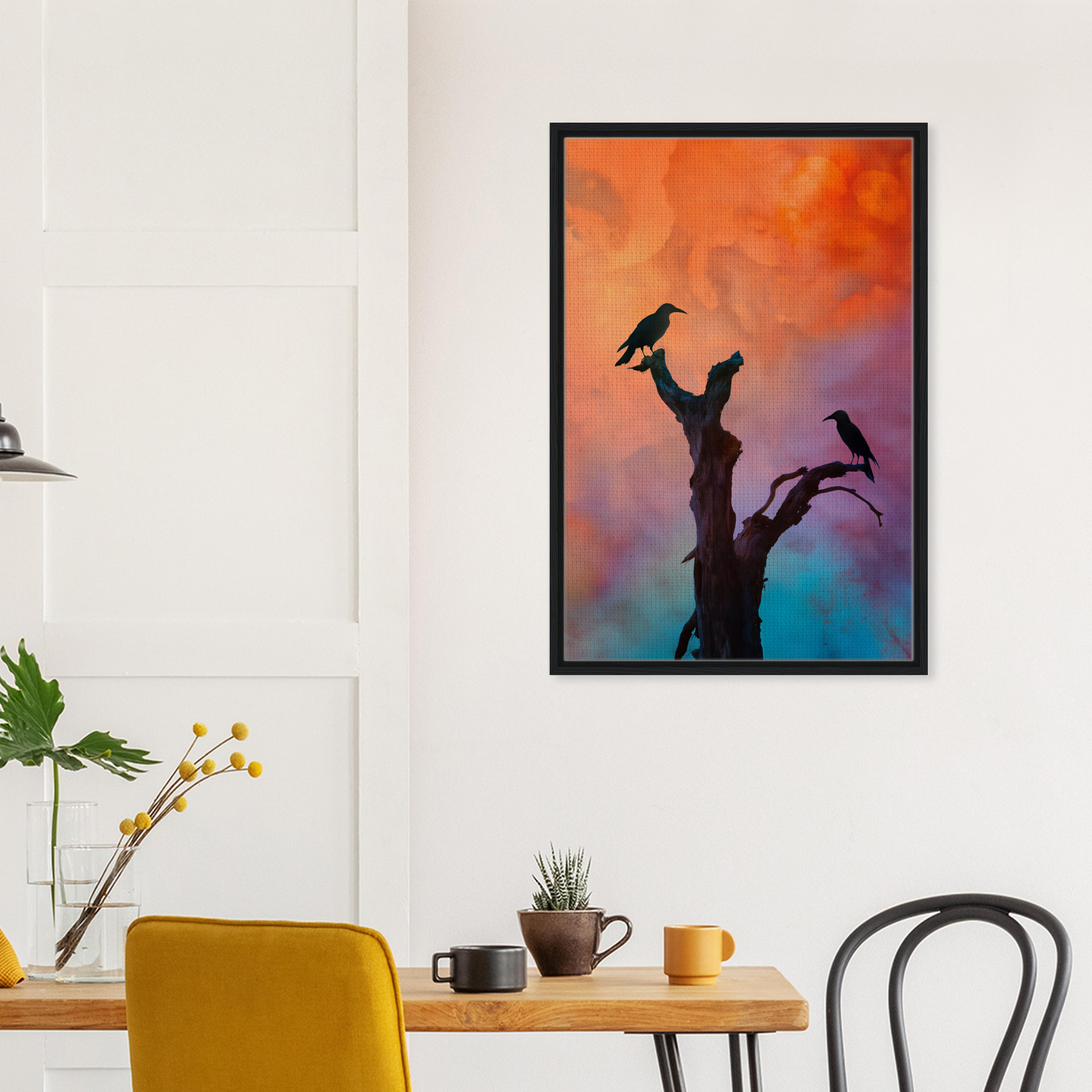 Framed artwork of Crows’ Chromatic Psalms silhouettes for stylish room decor on Shopify Planet