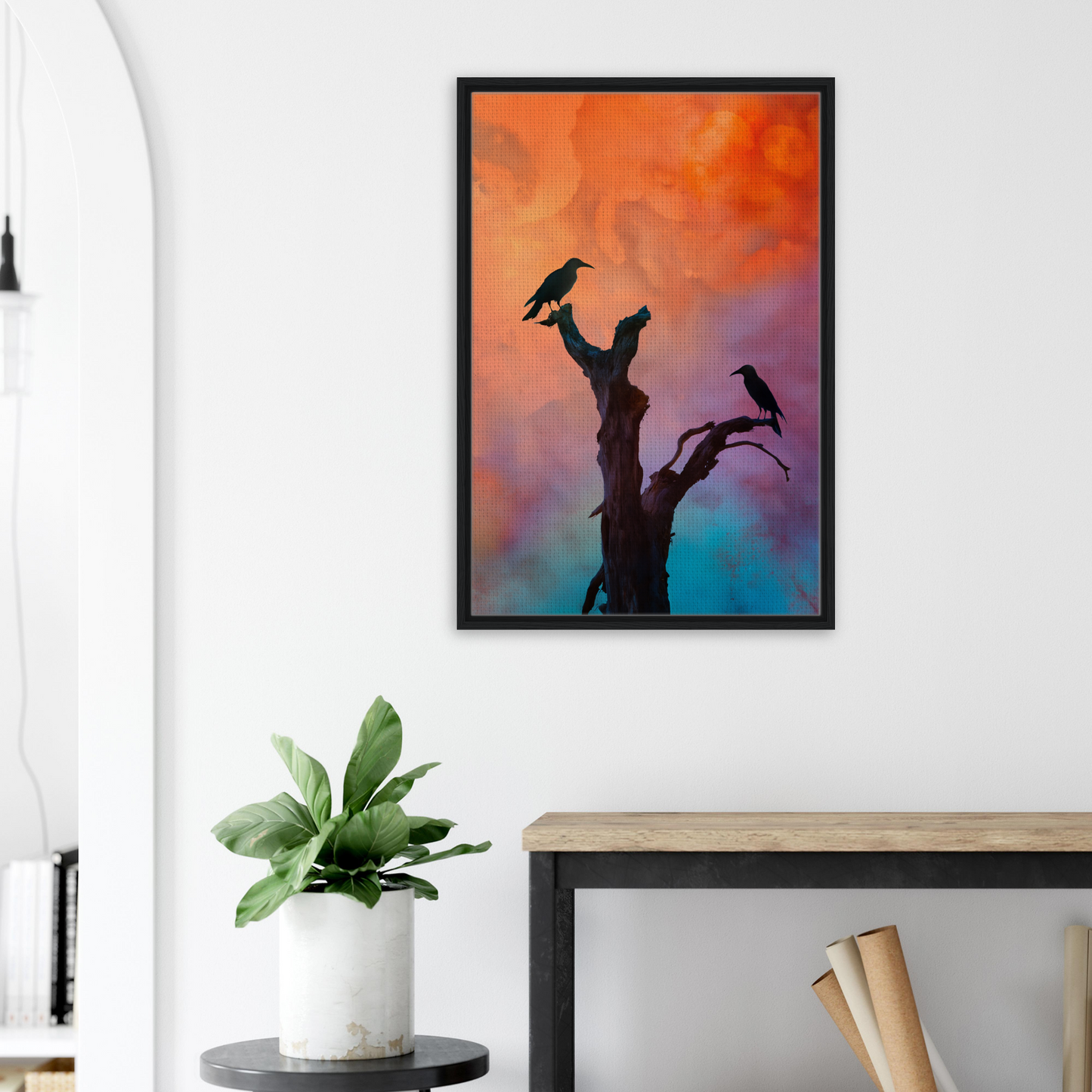 Framed canvas print of birds on a branch in Crows’ Chromatic Psalms at Shopify Planet