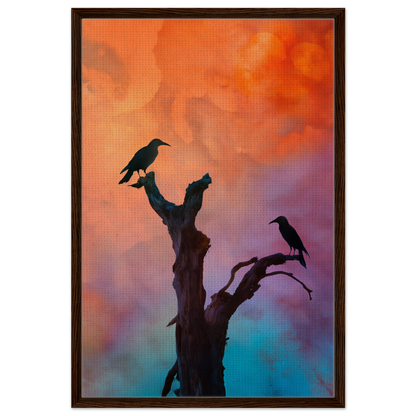 Silhouette of bare tree with birds against colorful sky in Crows Chromatic Psalms room decor