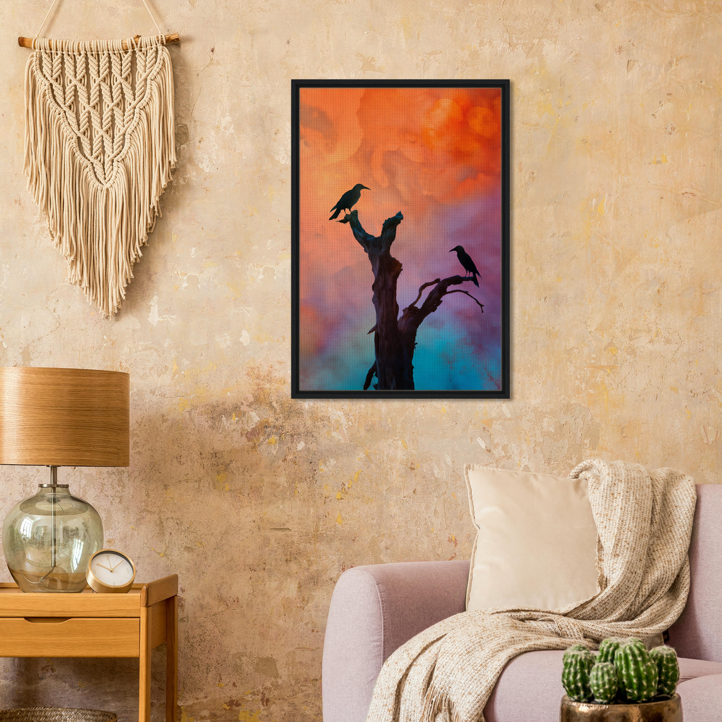 Framed artwork of crows’ chromatic psalms on a sunset silhouette for vibrant room decor