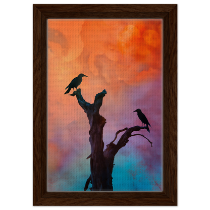 Silhouette of a bare tree with birds against a vibrant sky for Crows’ Chromatic Psalms room decor