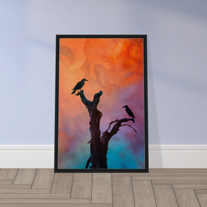 Framed canvas print of crows’ chromatic psalms with silhouettes on a colorful sky