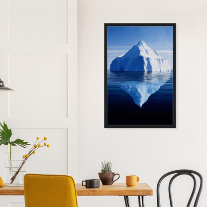 Framed canvas art of an iceberg reflecting in calm blue water for Crystalline Lull decor