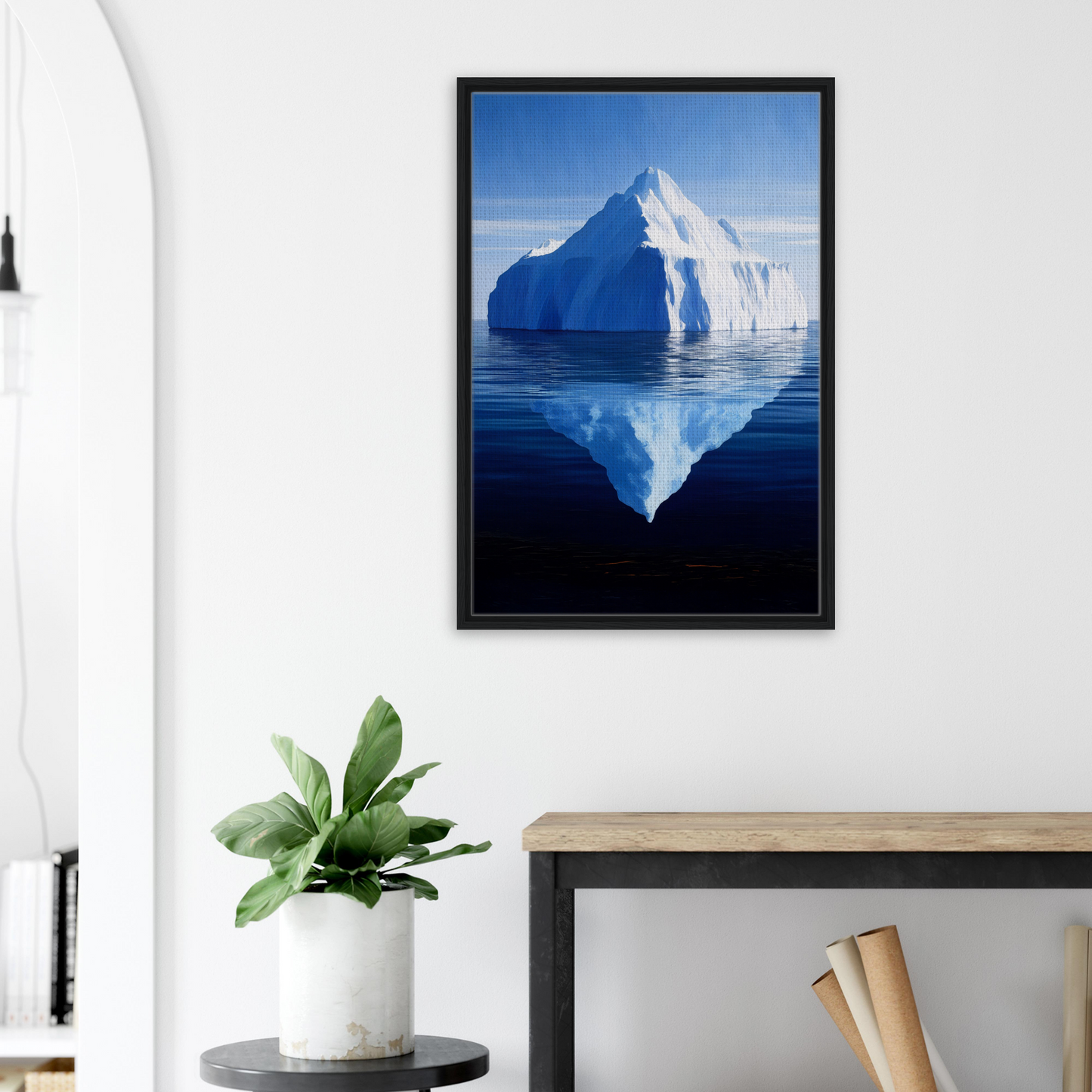 Framed canvas art of an iceberg reflecting in calm blue water for Crystalline Lull