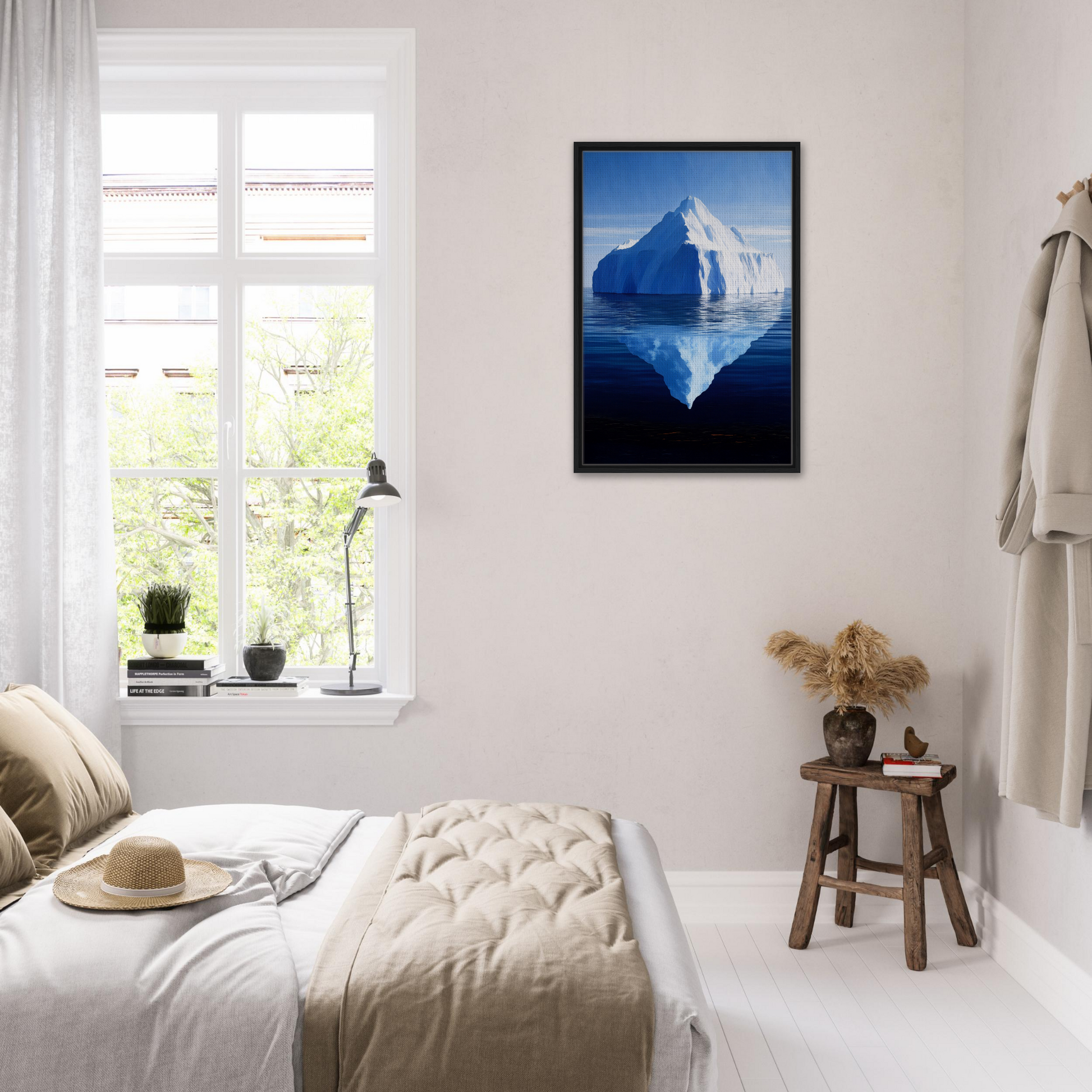 Framed canvas art showcasing an iceberg reflection in calm blue water, Crystalline Lull