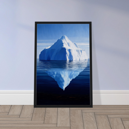 Framed canvas art of an iceberg reflecting in calm blue water for Crystalline Lull decor