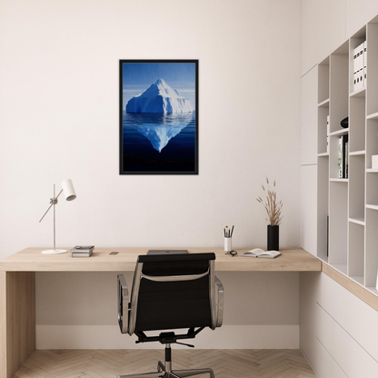 Framed canvas art featuring an iceberg reflecting in calm blue water for Crystalline Lull