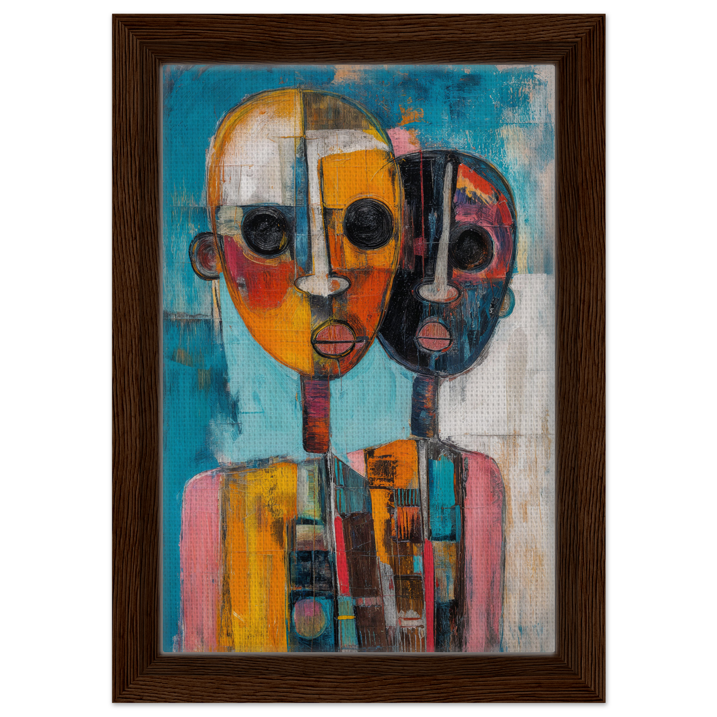 Abstract painting of a stylized figure with multiple faces in vibrant colors for Cubist Color Octave framed canvas