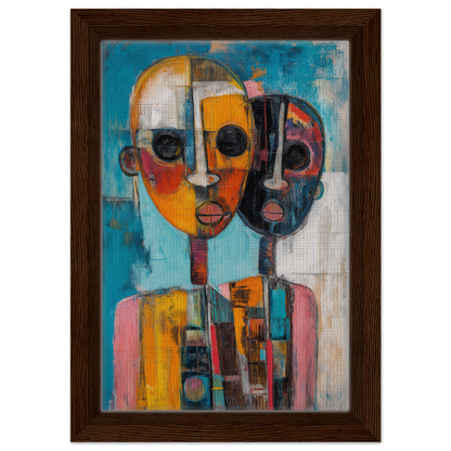 Abstract painting of a stylized figure with multiple faces in vibrant colors for Cubist Color Octave framed canvas