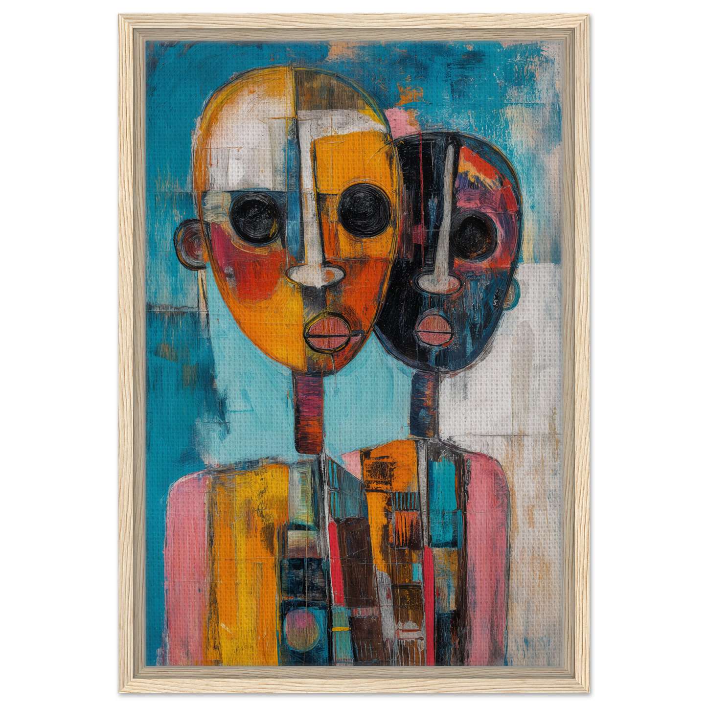 Abstract painting of merged stylized faces in vibrant colors for Cubist Color Octave